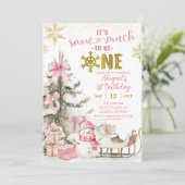 Invitation Pink Winter Snow Much Fun First Photo Birthday (Debout devant)