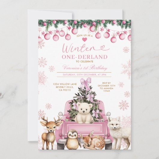 Invitation Pink Winter Truck Onederland 1st Birthday Animals (Devant)