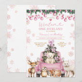 Invitation Pink Winter Truck Onederland 1st Birthday Animals (Devant / Derrière)
