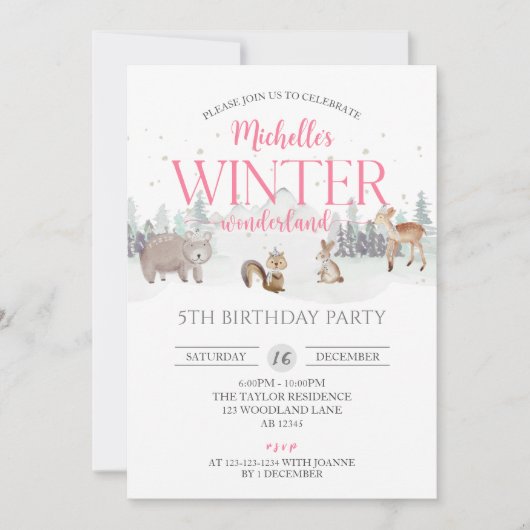 Invitation Pink Winter Wonderland Anniversaire, Fille 5e Anni (Devant)
