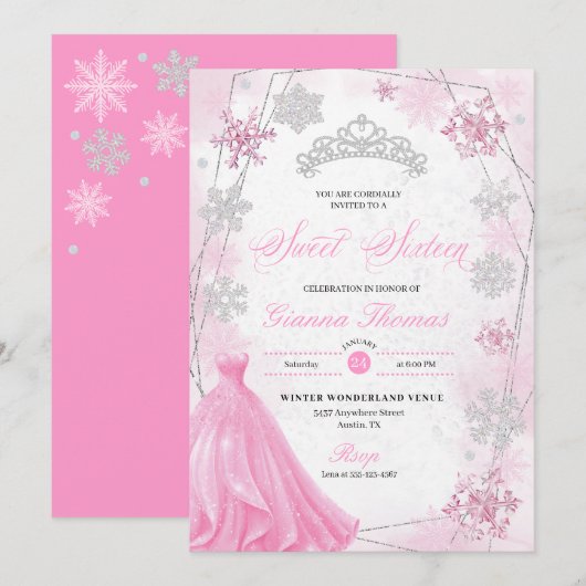 Invitation Pink Winter Wonderland Snowflake Sweet 16 (Devant / Derrière)