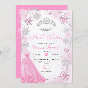 Invitation Pink Winter Wonderland Snowflake Sweet 16