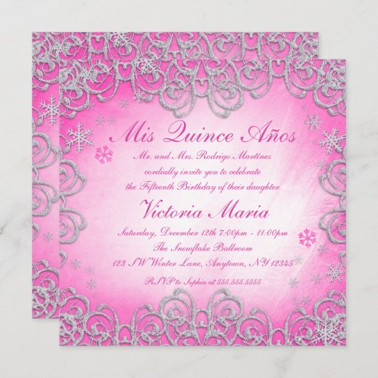 Invitation Pink Winter Wonderland Swirl Snowflake Quinceanera (Devant / Derrière)