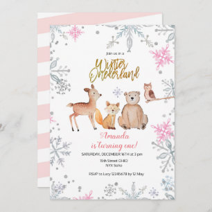 Invitation Pink Winter woodland girl 1er anniversaire aquarel