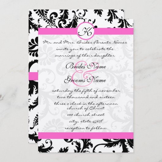 Invitation Pink Yarrow et Black Mariage damassé (Devant / Derrière)