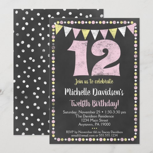 Invitation Pink Yellow Chalkboard 12ème anniversaire Invitati (Devant / Derrière)