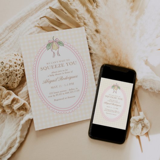 Invitation Pink & Yellow Lemon Bow Baby Shower