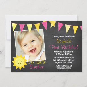 Invitation Pink Yellow Sunshine Chalkboard Photo Anniversaire
