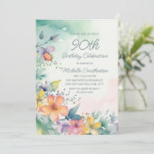 Invitation Pink Yellow Turquoise Pastel Floral 90e anniversai (Debout devant)
