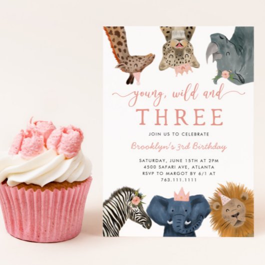 Invitation Pink Young Wild et Three Safari Anniversaire Party