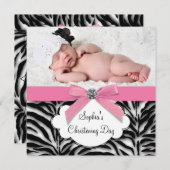Invitation Pink Zebra Baby Girl Photo Christening (Devant / Derrière)