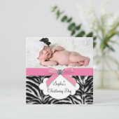 Invitation Pink Zebra Baby Girl Photo Christening (Debout devant)