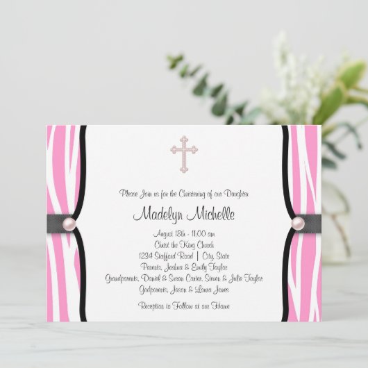 Invitation Pink Zebra Christening (Debout devant)