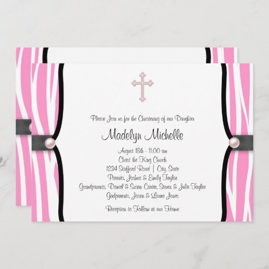 Invitation Pink Zebra Christening (Devant / Derrière)