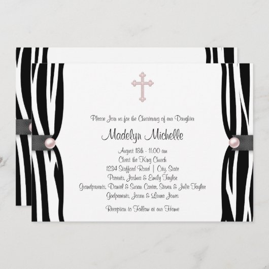 Invitation Pink Zebra Christening (Devant / Derrière)