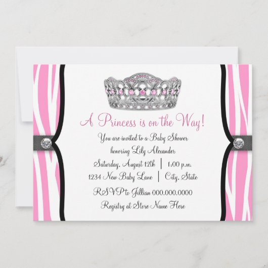 Invitation Pink Zebra Princess Baby shower rose noir (Devant)