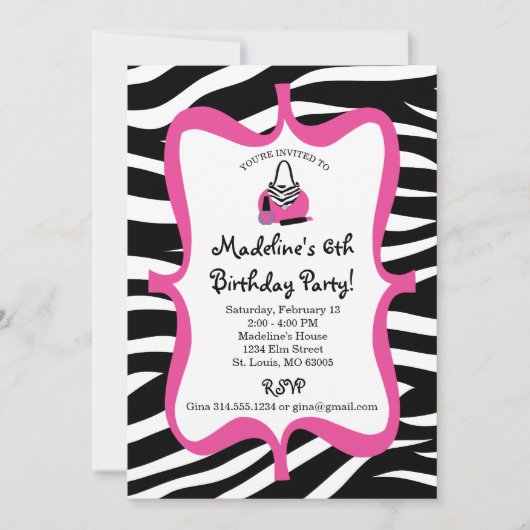 Invitation Pink Zebra Print Diva Spa Anniversaire (Devant)