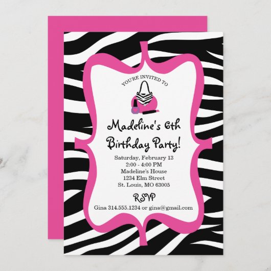 Invitation Pink Zebra Print Diva Spa Anniversaire (Devant / Derrière)