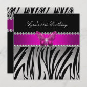 Invitation Pink Zebra Silver Black Butterfly fête d'anniversa (Devant / Derrière)