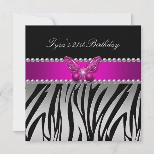 Invitation Pink Zebra Silver Black Butterfly fête d'anniversa (Devant)