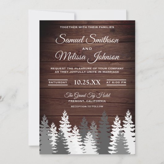 Invitation Pins couverts de neige Mariage rustique en bois In (Devant)