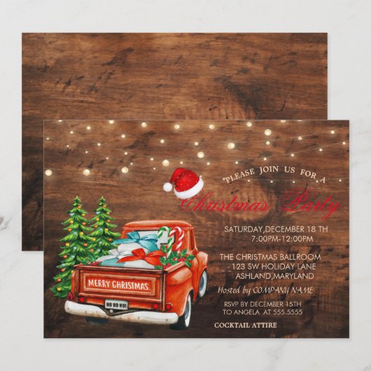 Invitation Pins de Camion Rouge, Fête de Noël en Bois (Devant / Derrière)