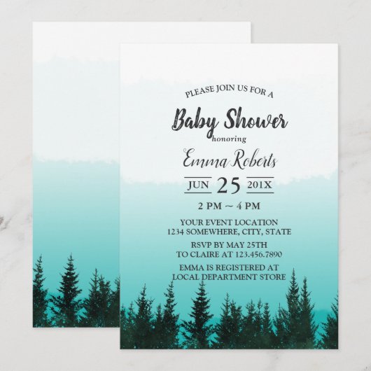 Invitation Pins de forêt Élégant Baby shower d'aquarelle (Devant / Derrière)