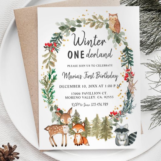 Invitation Pins de forêt Onederland Anniversaire hivernal