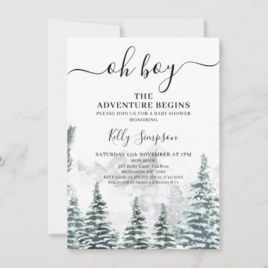 Invitation Pins de neige Aventure Commence Baby shower sauvag (Devant)