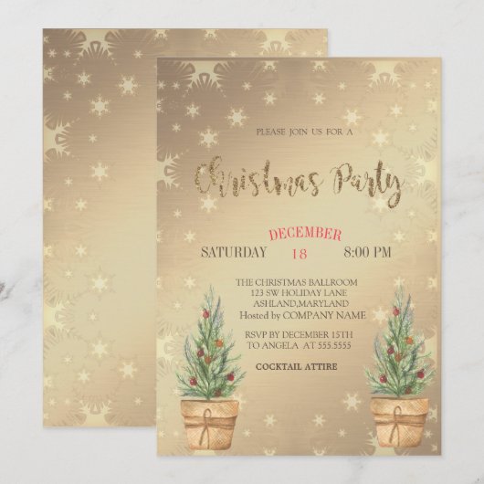 Invitation Pins dorés, Soirée de Noël (Devant / Derrière)