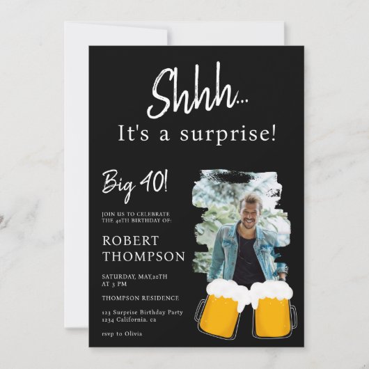 Invitation Pints de bière noir photo surprise quarante annive (Devant)