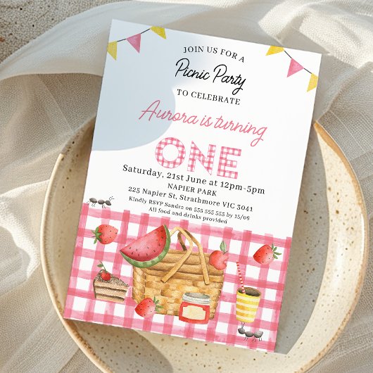 Invitation Pique-nique 1er Anniversaire Pink En vichy Bung Fl