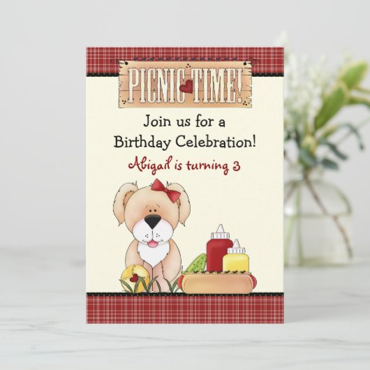 Invitation Pique-nique d'Anniversaire de Chien mignon ~ Fille (Debout devant)