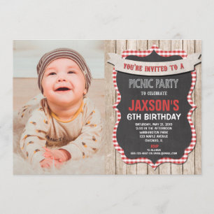 Invitation Pique-nique d'anniversaire rouge blanc en vichy ph