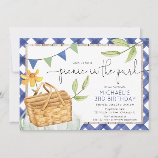 Invitation Pique-nique dans le parc été bleu garçon fête d'an (Devant)