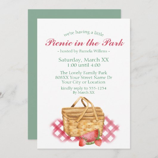 Invitation Pique-nique dans le parc joli panier aquarelle (Devant / Derrière)