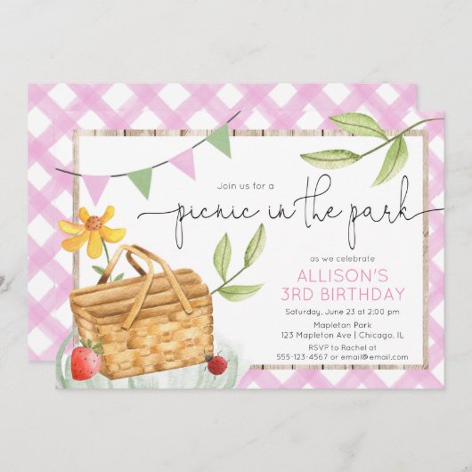 Invitation Pique-nique dans le parc rose fête d'anniversaire  (Devant / Derrière)
