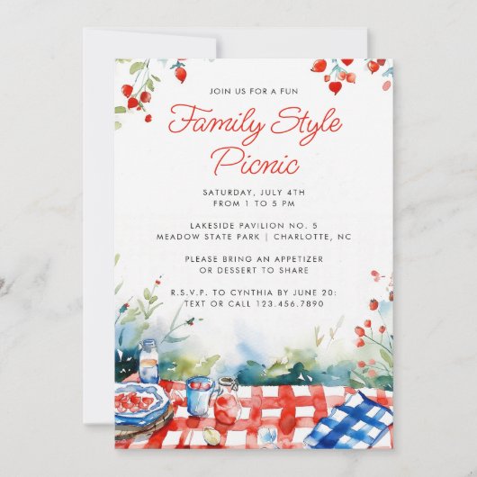 Invitation Pique-nique été Rouge Blanc Bleu Famille Réunion (Devant)