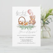 Invitation Pique-nique Pink 1er Anniversaire Teddy Bear (Debout devant)