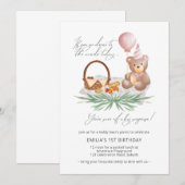 Invitation Pique-nique Pink 1er Anniversaire Teddy Bear (Devant / Derrière)