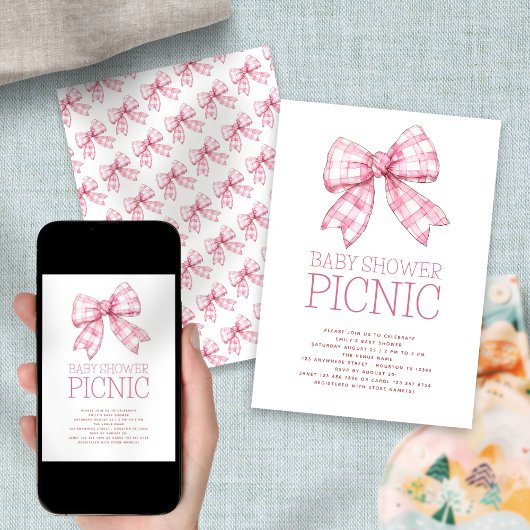 Invitation Pique-nique Pink Gingham Bow Baby Shower