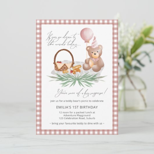 Invitation Pique-nique Pink Teddy Bear Balloon 1er Anniversai (Debout devant)