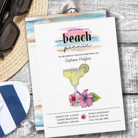 Invitation Pique-nique Plage Sundown Margarita Hibiscus Anniv