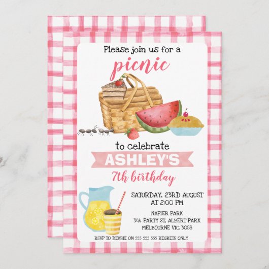 Invitation Pique-nique rose Plaid fête d'anniversaire (Devant / Derrière)