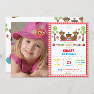 Invitation Pique-nique Teddy Bear 1er Birthday Boy Girl Photo