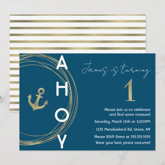 Invitation Pirate 1er anniversaire Faux Gold Ancre Nautique (Devant / Derrière)