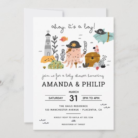 Invitation Pirate Baby shower Ahoy C'est un garçon (Devant)