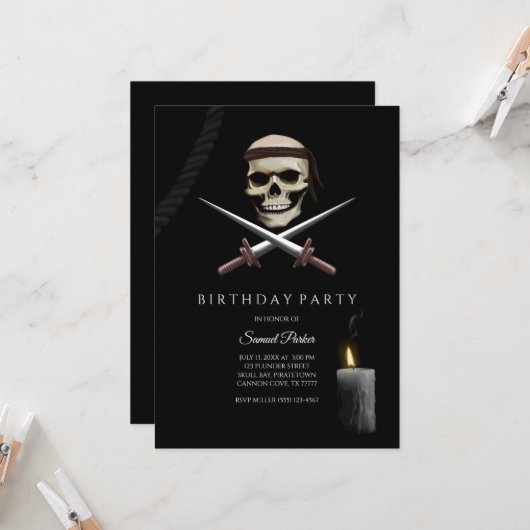 Invitation Pirate Bachelor Party - thème pirate (Devant/Arrière en situation)