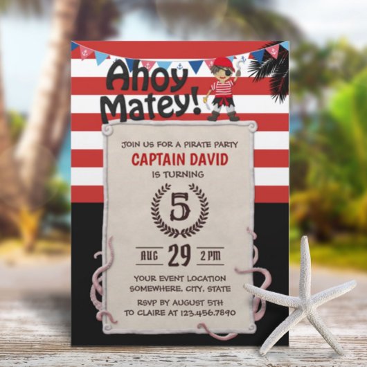 Invitation Pirate Boy Nautical Red Stripes fête d'anniversair