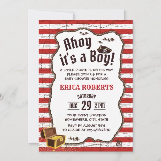 Invitation Pirate Boy Red Stripes Adventure Map Baby shower (Devant)
